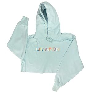 Champion Reverse Weave Hoodie Women’s Medium Turquoise Cropped Graphic Comfort